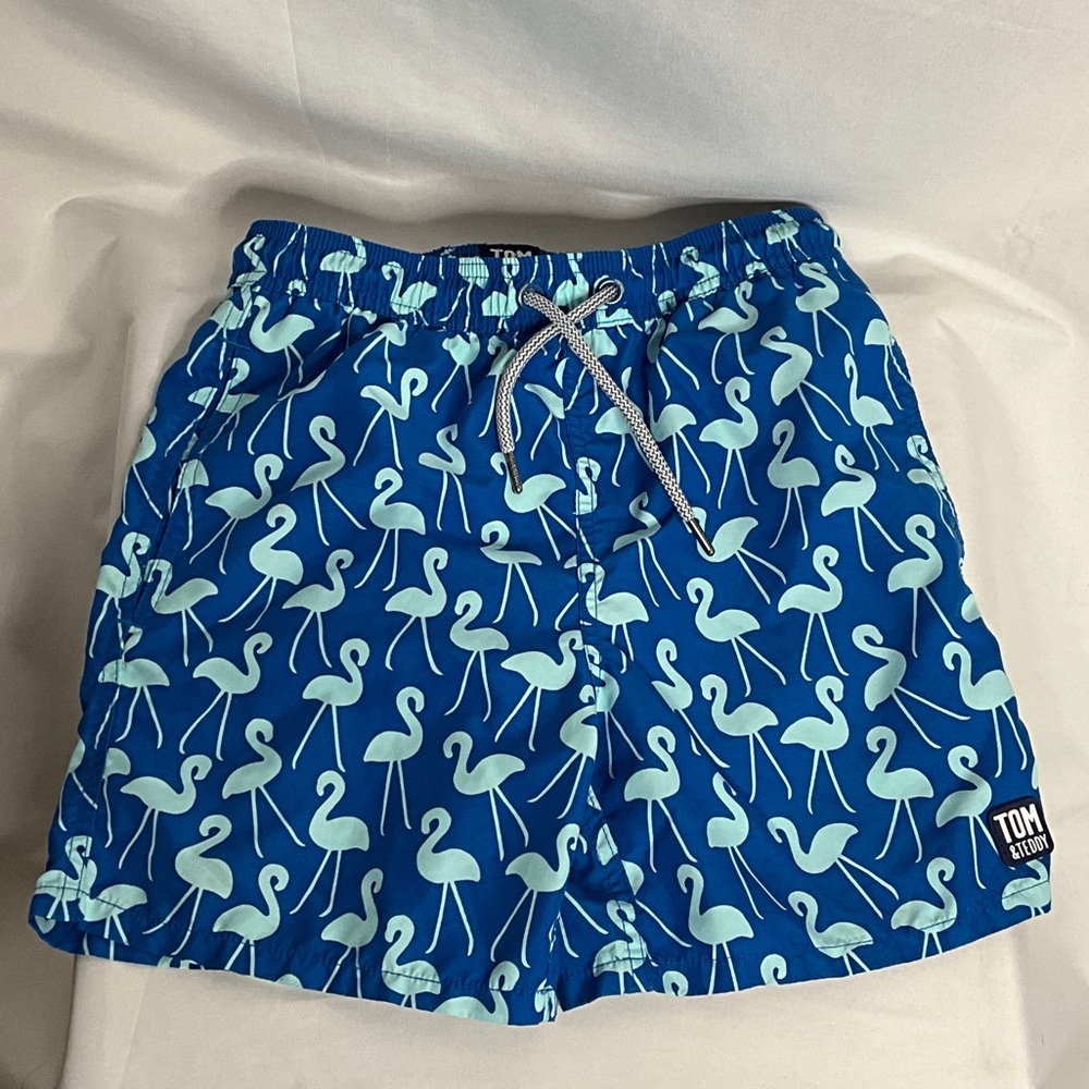 Tom & Teddy Blue Flamingo Swim Trunks Size 9/10